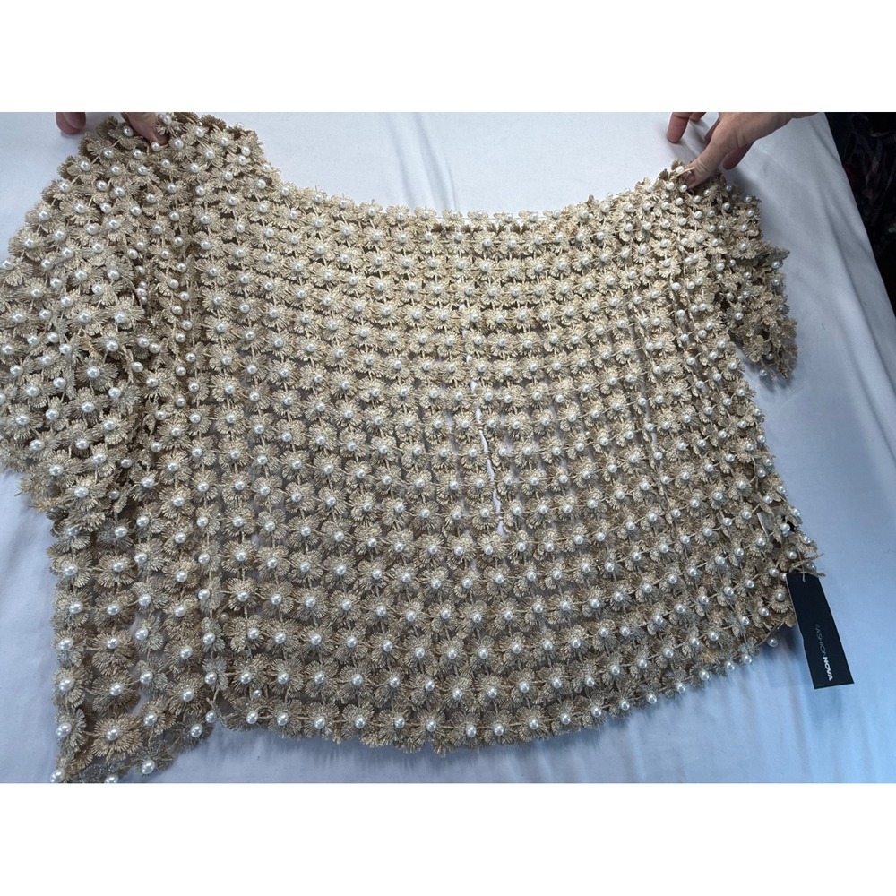 Fashion Nova Women Evening Getaway Pearl Top 2X Gold Metallic Floral Mesh NWT